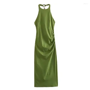 Casual jurken 2024 Zomer dames temperament licht groene halter nek mouwloze geplooide jurk sexy open rug slank midden lengte rok