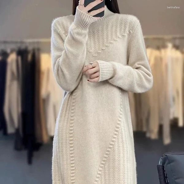 Vestidos casuales 2024 grueso cálido lana suéter largo vestido mujeres otoño medio cuello alto cachemira punto suelto de gran tamaño camisa base femenina