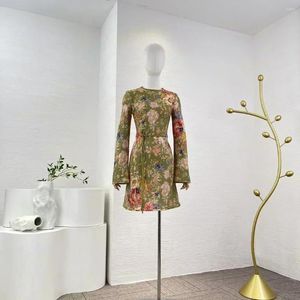 Casual jurken 2024 Topkwaliteit O-hals Oud de nieuwste pure linnen linnen bloemendrukflare mouw mini met riem voor vrouwen