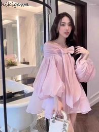 Casual jurken 2024 Vestidos de Mujer Sweet for Women Slash Neck Lantern Sleeve Summer Robe Femme Betage Bow Losse A-Line Dress 27W369