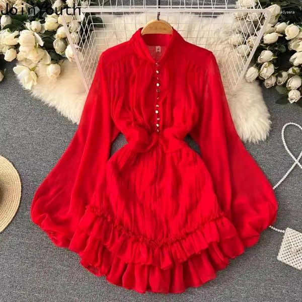 Vestidos casuales 2024 Vestidos de Mujer Vintage A-Line Dress Women Manga Campo de linterna Sweet Rata Femme Slim Winist Ruffles pliegues