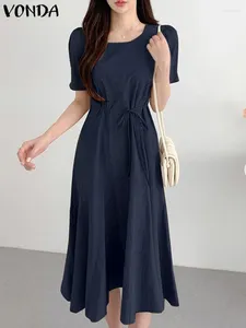 Casual jurken 2024 Vonda Elegante Sundress Women Ruffled Dress Summer Summer Sort Sleeve Midi Belted Fashion Solid Color Streetwear Vestido