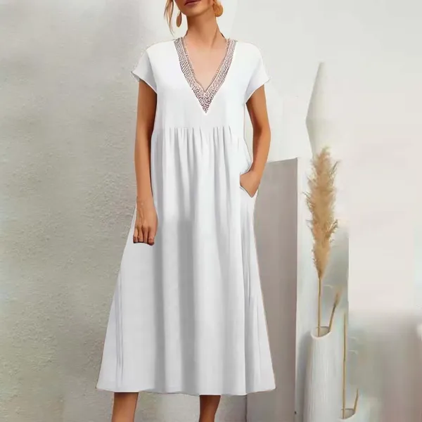Robes décontractées 2024 blanc pour les femmes couleur unie robes dentelle col en V sans manches lâche coton et lin robe de poche vêtements d'extérieur élégants