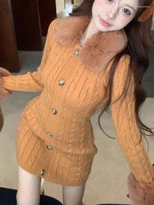 Casual jurken 2024 Winter Elegant Warm Turndown Collar Faux Fur Short Jurk Vrouwen lange mouw vrouwelijke Koreaanse mode Y2K