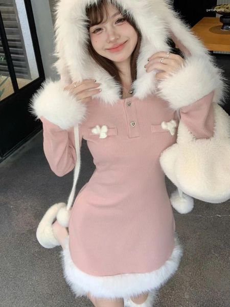 Vestidos casuales 2024 Invierno Piel sintética Cálida Mujer Y2K Ropa Vestido corto Moda coreana Kawaii Dulce Rosa Manga larga