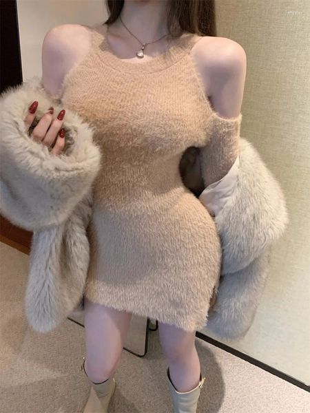 Robes décontractées 2024 Hiver Off Boder Bodycon Conse de fête en tricot Femme Femme Long Manche élégante Sexy Y2K Mini Dressone Piece coréenne
