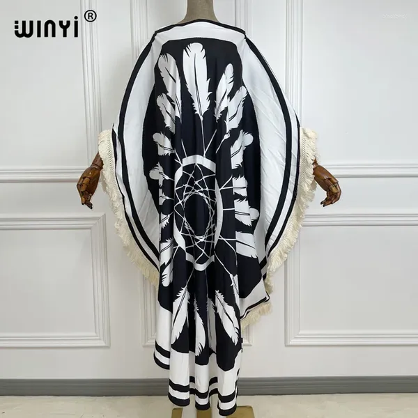 Robes décontractées 2024 Winyi Africain Boho Robe Couleur de couleur Matmi Print Bohemia Loose élégante musulman Abaya Bazin Robe Robe Broder Riche Round