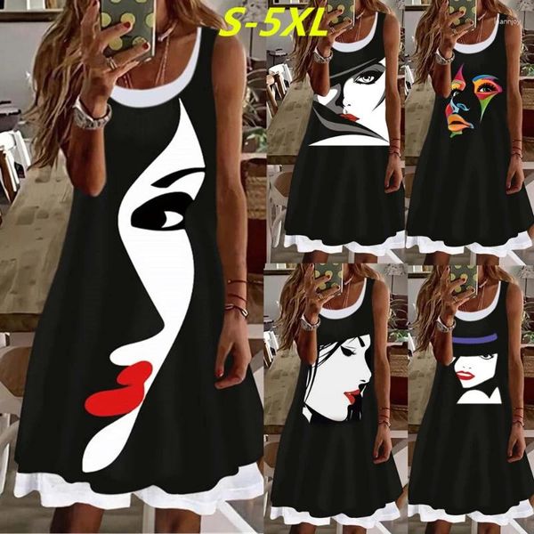 Vestidos casuales 2024 Retrato de mujer Resumen Impresión 3D Vestido largo hasta la rodilla Verano Sin mangas Lady Face A-Line Mujer Ropa femenina