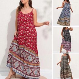 Casual jurken 2024 vrouwen strandjurk dame bohemian bloem print maxi mouwloze backless a-line grote zoom losse strappy sundress