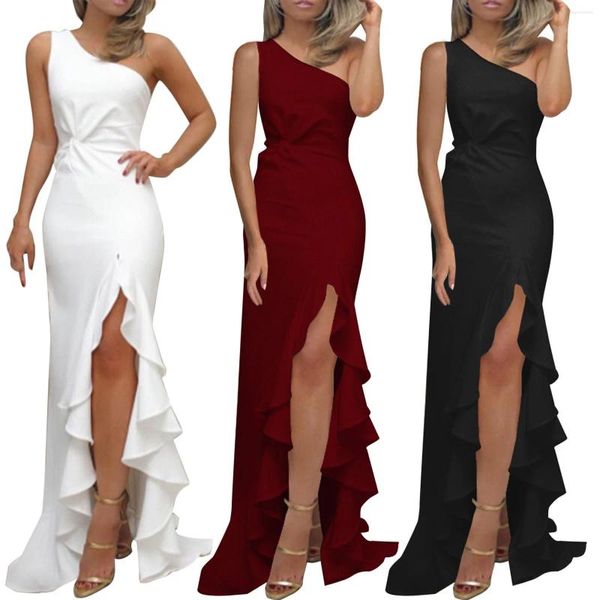 Vestidos casuales 2024 Mujeres Maxi Sexy Slash Hombro Volante Alto Split Vestido largo Boda Fiesta de noche Club Prom Robe Vestidos