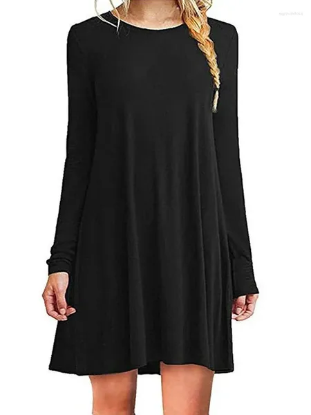 Robes décontractées 2024 Femme à manches longues automne-cou o couvre de plage mince de t-shirt avec des poches plus une robe en t-shirt en vrac taille
