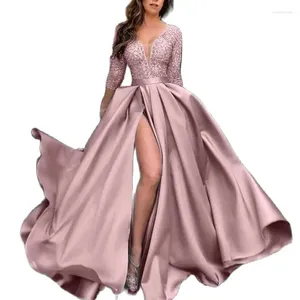 Robes décontractées 2024 Séquein de dentelle pour femmes Hémbelle grande robe de luxe Elegant Wedding Couleur solide / 4 manches longues