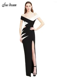 Casual jurken 2024 Women's Sexy Off Schouder Hollow Out Patchwork Split Bandage Long Dress Bodycon Celebrity Party Feestavond