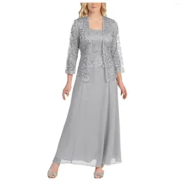 Robes décontractées 2024 Femmes Solide Deux Pièces Dentelle Cardigan Mousseline De Soie Fête De Mariage Robe Longue Tempérament Charme Soirée Mode