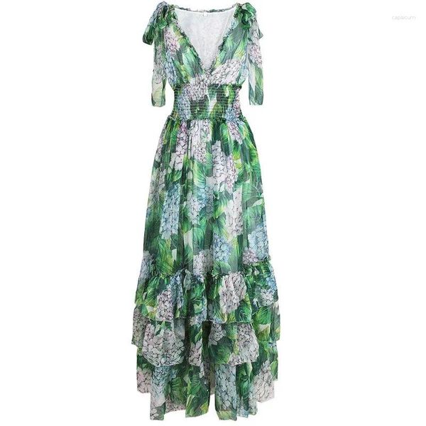 Robes décontractées 2024 Spaghetti d'été pour femmes Verte Verte Verte Floral Print élastique Bohemia Bohemi Robe Cake