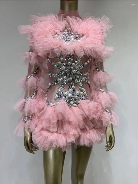 Robes décontractées 2024 Femmes Sexy Manches longues Mesh Transparent Perle Paillettes Minijupe Stage Performance Costume Fête d'anniversaire Robe de soirée