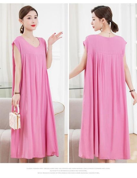 Robes décontractées 2024 femmes Slub Cotton Robe d'été confortable Femme solide simple mode super lâche Silk Rayon Long pour les femmes