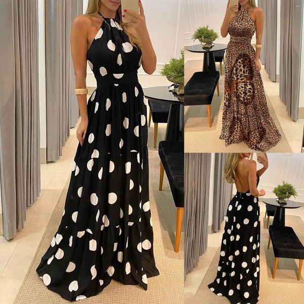 Vestidos casuales 2024 Mujeres Vestido maxi de verano Estampado de leopardo / Mariposa / Lunares Halter Cuello sin respaldo Falda de longitud completa para niñas