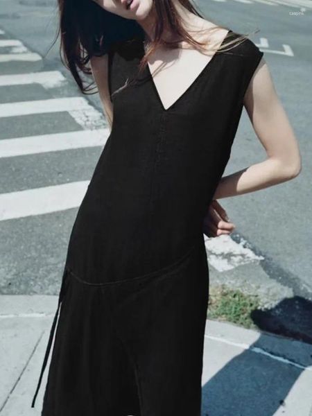 Vestidos casuales 2024 Mujeres Vestido de tanque de verano Moda Sólido Lino con cuello en V Wrap Cordón Femenino Elegante Ropa de calle