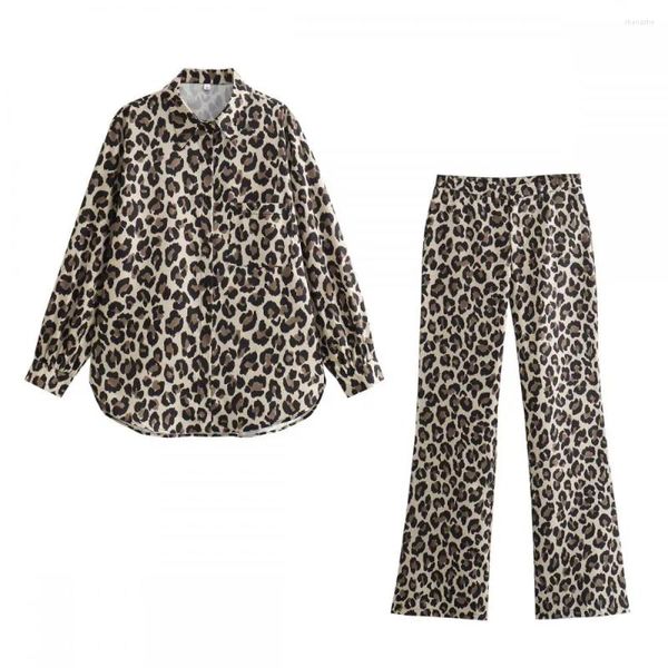 Vestidos casuales 2024 mujeres vintage leopardo estampado camisa de manga larga pantalón pantalón femenina de cintura alta pantalones sueltos de longitud completa