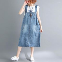 Casual jurken #2106 Zomer mouwloze spaghetti -riemen denimjurk vrouwen losse zakken sexy jeans midi retro