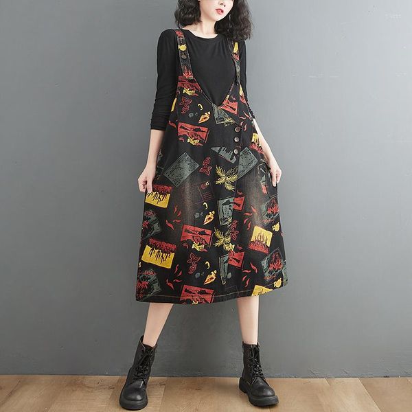 Vestidos casuales #2153, vestido de mezclilla azul y negro, pantalones vaqueros con estampado de flores para mujer, botones femeninos, tirantes Vintage sueltos, Midi para mujer