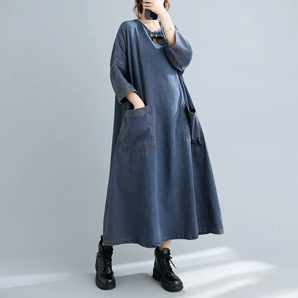 Robes décontractées # 2193 Spring Denim Femmes Loose Vintage Front Pockets A-Line Robe Robe Round Round Necy Jeans Mesdames bleu