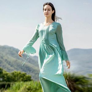 Robes décontractées 22 momme jacquard soie col rond femmes élégantes georgette évasée à manches longues robe vert menthe printemps 2023 ay155