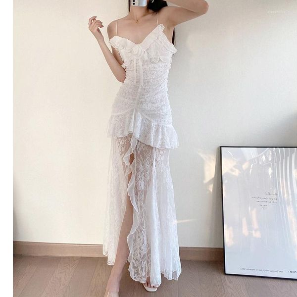 Abiti casual 23 Runway High End Sexy White Sling Dress Women Temperament Elegante con spalle scoperte scollo a V fiore cucito a mano in pizzo