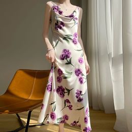 Casual jurken 23 Springsummer satijnen zijde sling jurk dames zijden mouwloos printen elegante en modieuze Franse high -end lange jurk 230515