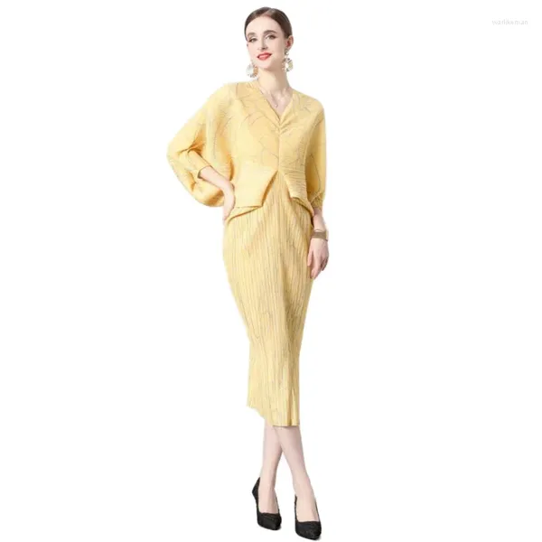 Robes décontractées # 2372 Robe trapèze plissée imprimée jaune manches chauve-souris lâche col en V sexy bureau fendu joint midi dames élégant été