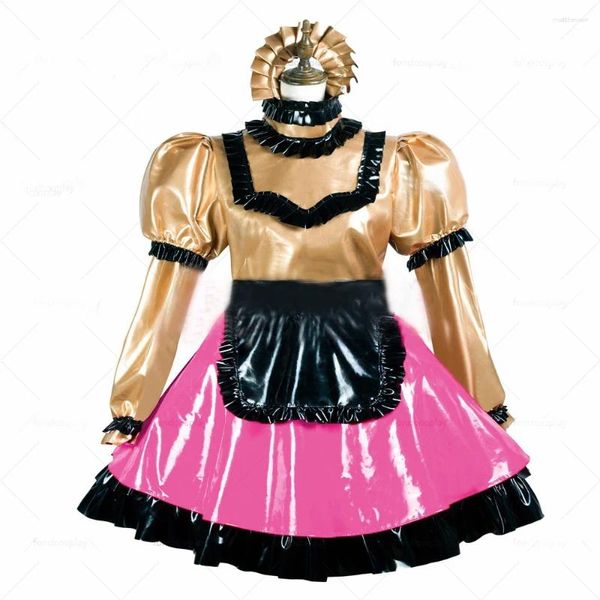 Robes décontractées 26 couleurs robe de femme de chambre en cuir fausse bouffée à manches longues à manches longues gothiques sissy latex pvc fathion lolita vintage 7xl