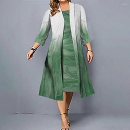 Casual Jurken 2 Stks/set Gradiënt Print Vest Jurk 3/4 Mouw Vest Set O-hals Mouwloze Tuniek Midi Zonnebrandcrème Jas Outfit