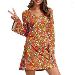 Casual Jurken 2 stks/set Vrouwen Halloween Jurk Met Hoofdband Bloemenprint V-hals Uitlopende Lange Mouwen Party Disco 1960 Dans