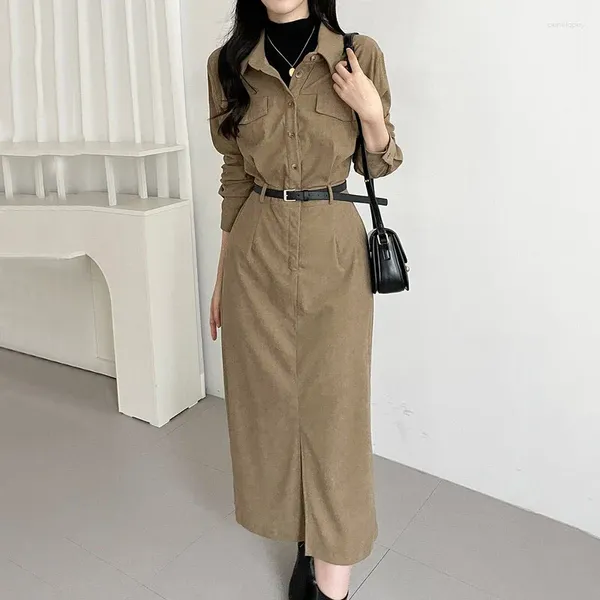 Robes décontractées 3 couleurs coréennes chics chic habille vintage lacet up work pièce en velours côtelé femme Mid Caif avec ceinture