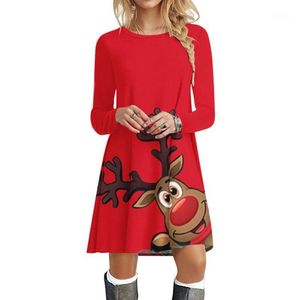 Vestidos casuales 3 # Elk Print Christmas Swing Dress Oversized Loose Mujer Mujer Manga larga O Neck Pullover Vestidos