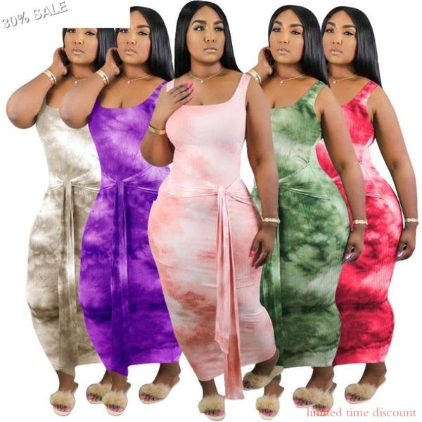 Robes décontractées - 30% 4XL Tie Dye Tank Femmes Bandage À Lacets Boho Maxi Robe Sans Manches O-cou Longue Moulante Plus Taille