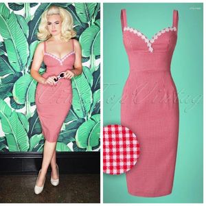 Vestidos informales 30- Verano Mujeres Vintage 50s Gingham Bordado Sweetheart Escote Wiggle Lápiz Vestido en rojo Pinup Plus Tamaño Robe