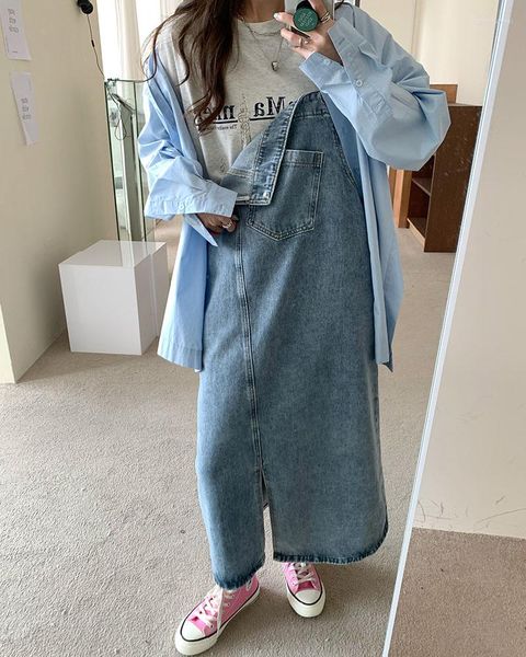 Robes décontractées 3 couleurs SMLpreppy style 2022 été femmes coréennes bretelles lâches denim dess femme vintage côté fendu longue robe en jean
