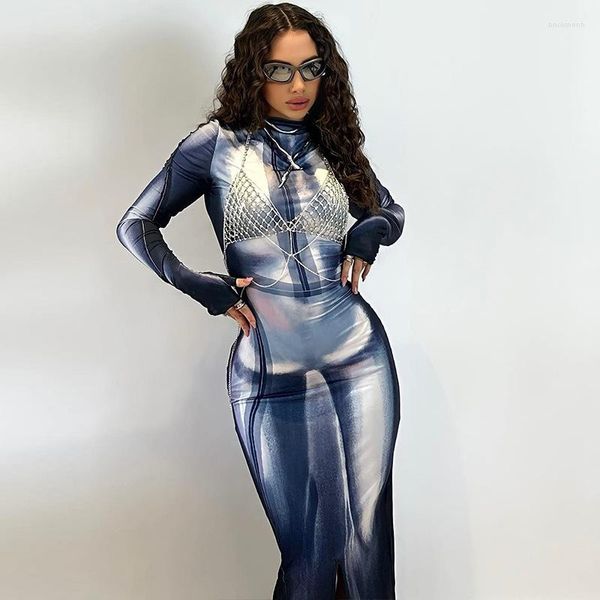 Robes décontractées 3D Body Print Manches Longues Maxi Dress Automne Hiver Moulante Noir Y2K Night Club Party Pour Femmes