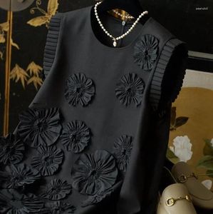 Casual Jurken 3D Decal Zwarte Print Jurk Vrouwen Zomer Retro Britse Mid Lengte Geplooide Bloem Mouw Loszittende Pullover Rok