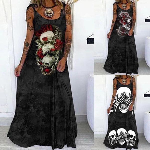 Robes décontractées 3D Punk crâne imprimer femmes robe d'été 2023 printemps Sexy sans manches fronde longue fête mode Femme Maxi robe Femme Vestidos