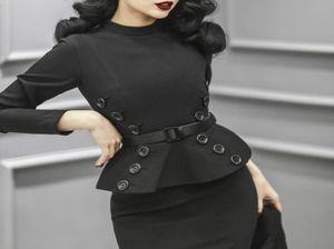 Casual Jurken 40 Dames Vintage Jaren '50 Elegante Lange Mouw Peplum Wiggle Kokerjurk In Zwart Pinup Vestidos Plus Size Jurken RobeC2653476