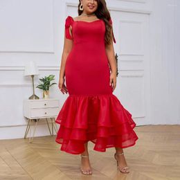 Vestidos casuales 4xl 5xl rojo de gran tamaño para las mujeres correa de espagueti cuello cuadrado sirena volantes longitud del tobillo elegante vestido de fiesta de cumpleaños