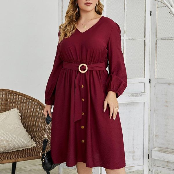 Robes décontractées 4xl grande taille robe d'été femmes col en V manches longues boutons rouge taille haute vêtements