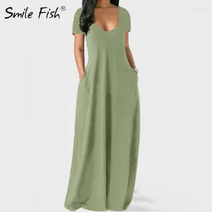 Robes décontractées 5 XL FashionSolid Big Robe ample Femmes Été Longue Maxi Spaghetti Strap Manches courtes Col V Néon Vert M0467