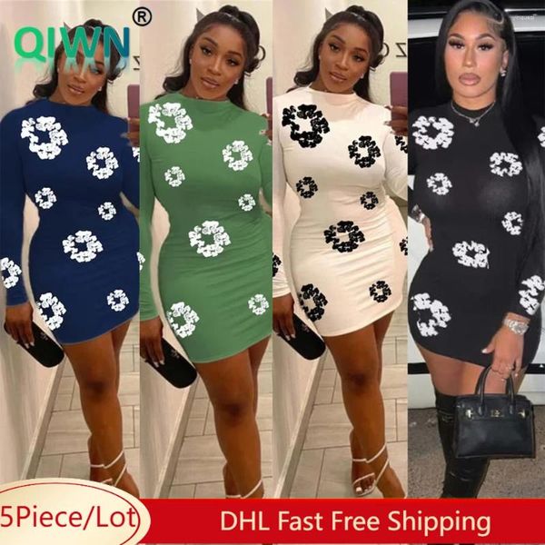 Vestidos casuales 5pcs impresión al por mayor mini vestido mujeres manga larga manga larga cadera hembra femenina streetwear streetwear y2k falda 10638