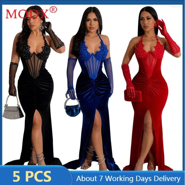 Vestidos casuales 5pcs velada al por mayor para mujer ropa sexy cabestro encaje-up cipado en V dividido vestidos de moda diamantes largos M13410