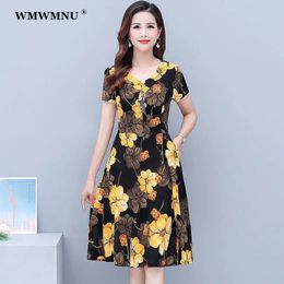 Casual jurken 5xl 4xl plus size casual print jurk vrouwen zomer mode korte mouw a-line jurken Koreaanse knie lengte rekbare vestidos mujer 230321