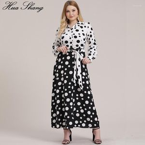 Vestidos casuales 5XL Vestido de talla grande Mujer 2023 Otoño Camisa de manga larga con estampado de lunares Blanco y negro Color de contraste Maxi